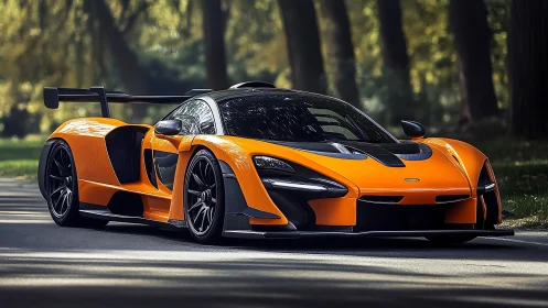Orange track-focused supercar on shaded forest road.