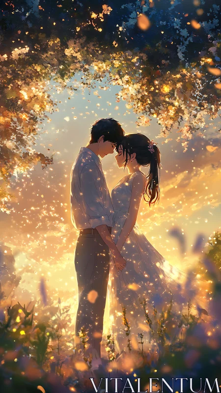 Backlit anime couple in dusk meadow framed by bokeh foliage