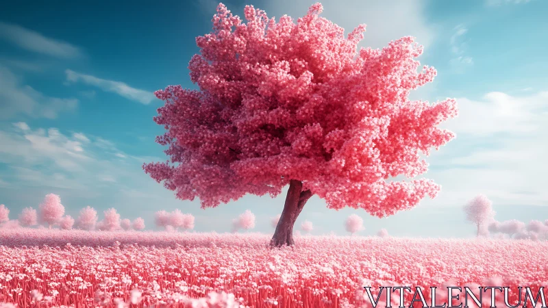 Solitary pink tree in stylized meadow under blue sky.