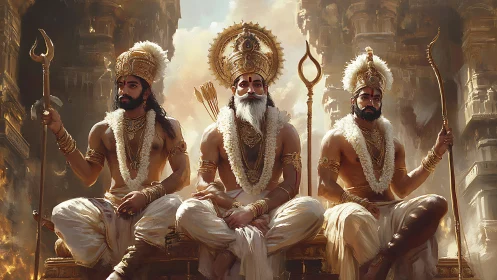 Royal trinity of warrior sages seated in ornate golden mandapa