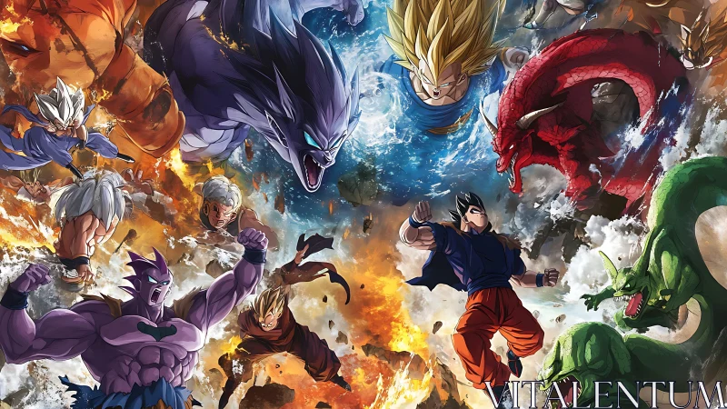 High-energy anime battle tableau with dragons and warriors