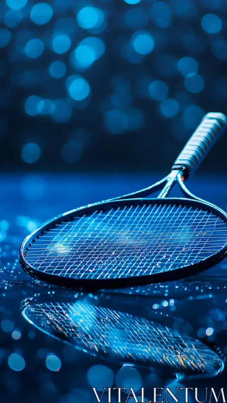 Shimmering tennis racket rests on wet blue court in lights