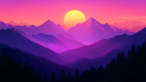 Neon-gradient alpine sunset over layered misty ridges.