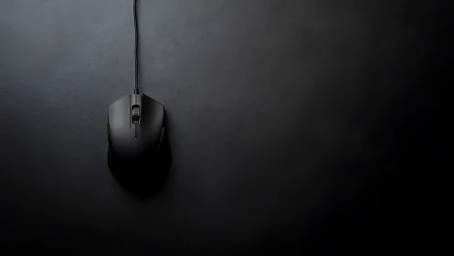 Sleek black wired mouse rests calmly on dark desk space