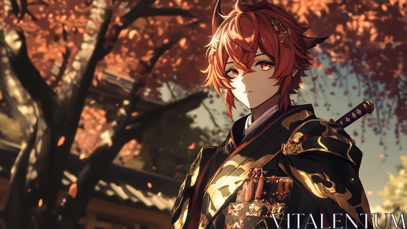 Autumn-lit samurai youth in ornate black armor under shallow depth