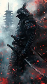 Armored samurai silhouette framed by embers and fog depth cues