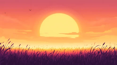 Sun giant sinking beyond whispering twilight grasslands.