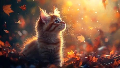 Feline Reverie in Autumn: Digital Portrait of Cat Among Falling Leaves.