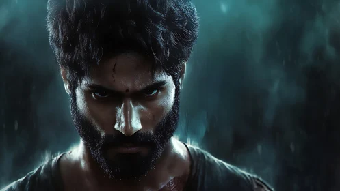 Intense male portrait rendered in moody cinematic photorealism
