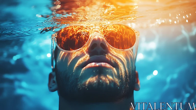 Man underwater wears mirrored sunglasses splitting warm light