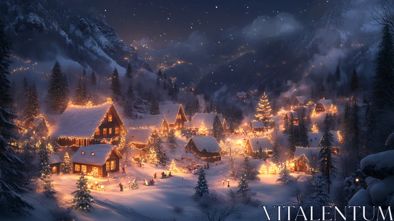 Snow covered alpine village glows with dense festive lights