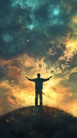 Skylit dreamer welcoming a storm of golden stardust.