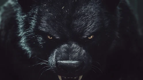 Predatory black wolf close-up under low dramatic light.