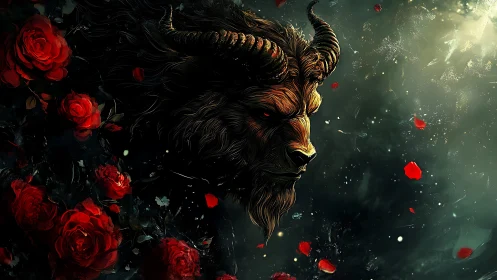 Horned beast emerges through crimson roses, eyes burning.
