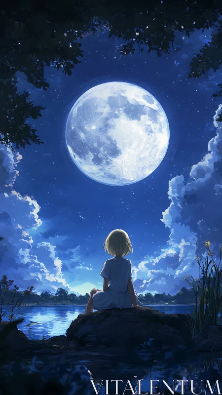 Luminous full moon over lakeside silhouette in blue night sky.