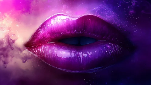 Luminous cosmic lips glowing softly in dreamy purples.