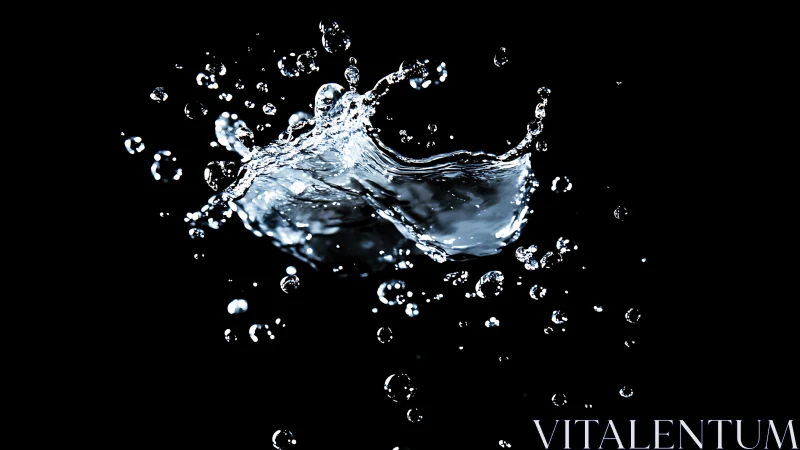 Shimmering water splash dances in midair against deep black
