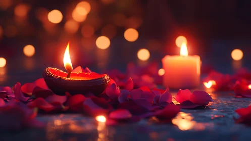Illuminated Diya with Rose Petals: Bokeh-Rendered Luminescent Composition.