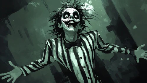 Striped ghoul grins wildly in desaturated horror portrait