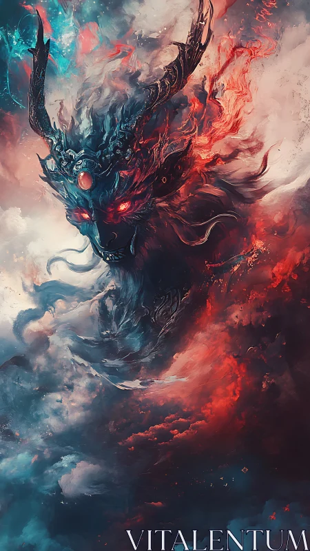 Fiery sky spirit drifts through swirling clouds of magic