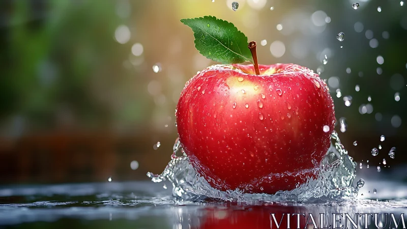 Red apple splashing through water in sharp macro focus.