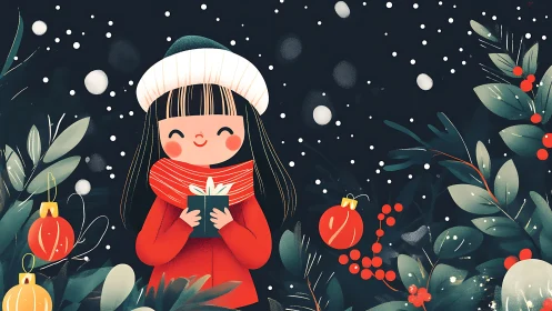 Girl holds gift amid stylized foliage and falling snowflakes