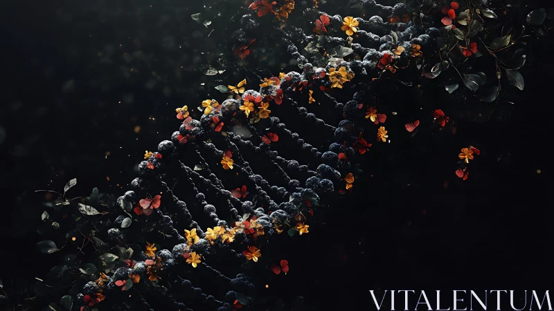 Blooming DNA helix where science twines with wild flowers.