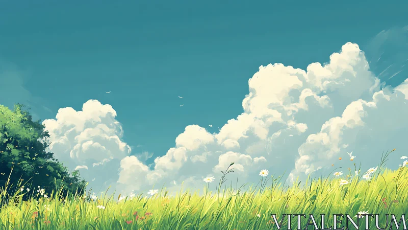 Grassy field with cumulus cloud bank under clear sky.