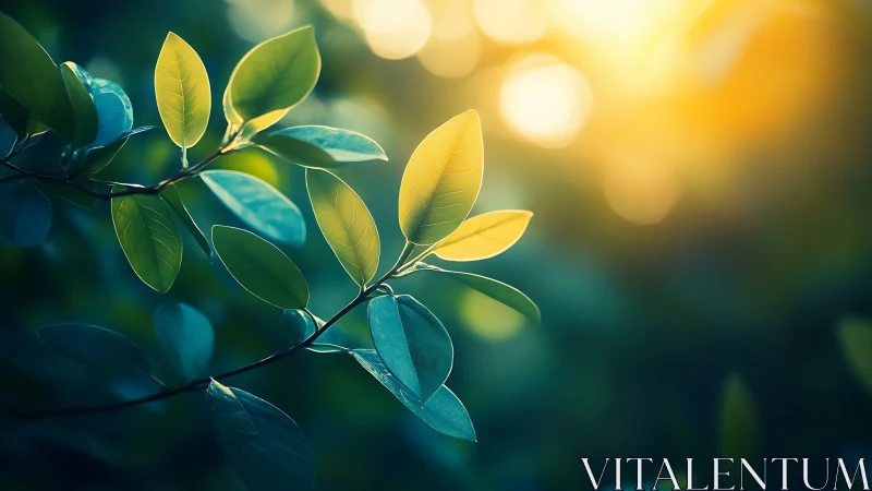 Sunlit green leaves in nature, soft bokeh background, tranquil mood.