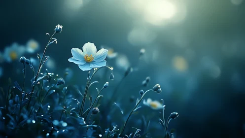Blue Cosmos Flower in Misty Garden.