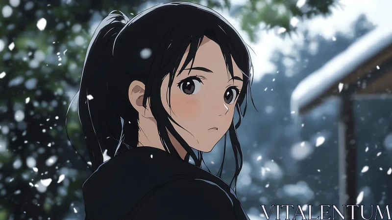 Snow-kissed anime girl glances back through drifting silence.