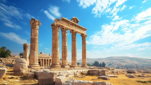 Ancient hilltop temple ruins stand beneath a vivid blue sky.