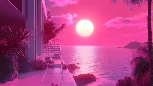 Neon sunset villa balcony glowing over candy-pink sea.