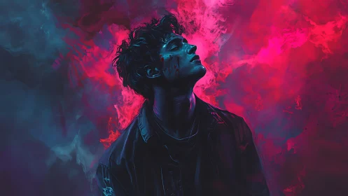 Neon storm of self-reflection around a midnight wanderer.