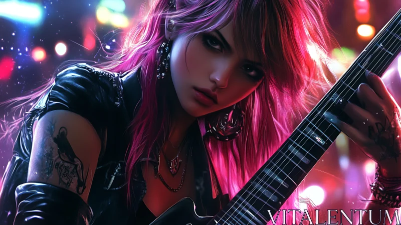 Pink haired rock guitarist in neon city lights at night.