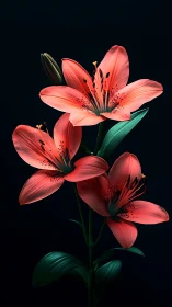 Red lilies with dramatic dark background illumination