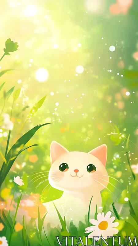 White cat with green eyes sits in sunlit spring garden.