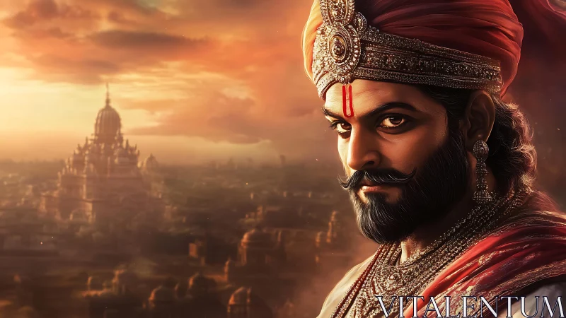 Regal warrior portrait set before expansive ancient city