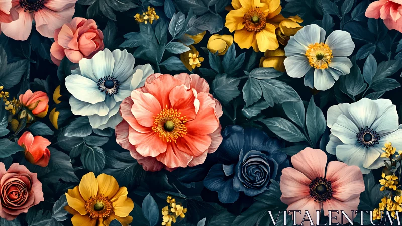 Blooming Garden Composition: Coral, Gold, and White Florals Against Teal Foliage.