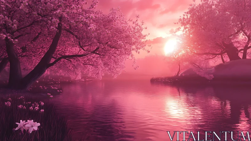 Blossom-drenched river where sunset melts into rosewater.