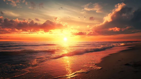 Radiant ocean sunset over glowing shoreline waves.