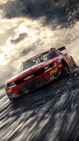 Red race car charging through dramatic stormy racetrack skies.