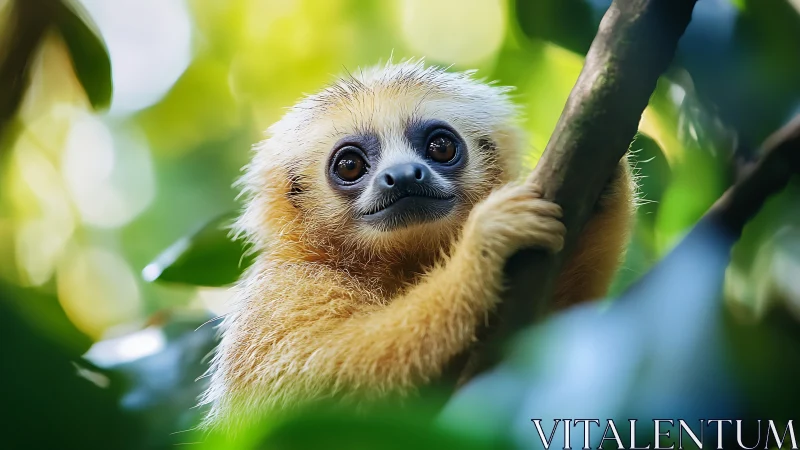 Small primate grips tree branch within dense green foliage