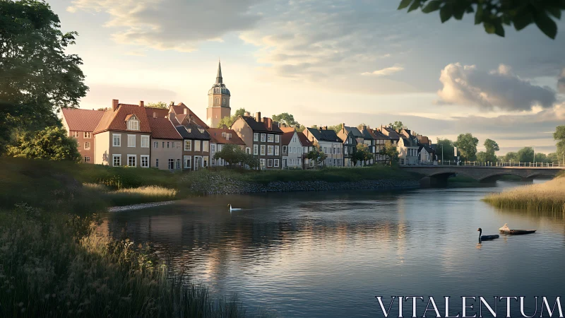 Sunlit riverside town with church tower reflects in calm water