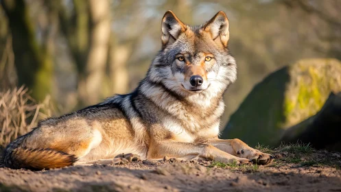 Wolf lying on sunlit ground in a natural outdoor habitat.
