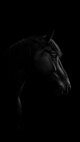 Black horse side profile on deep black background.