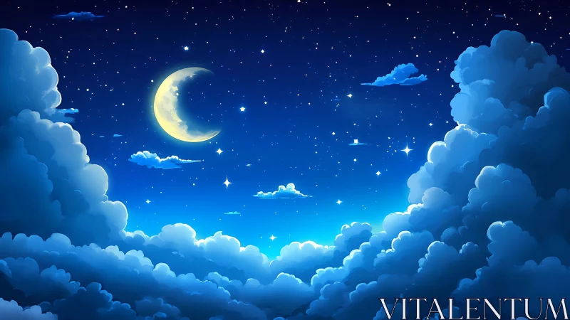 Crescent moon above glowing clouds in vivid night sky.