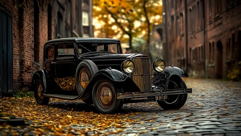 Photorealistic vintage sedan on cobbled autumn streetscape.