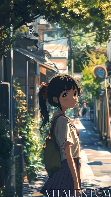 Anime schoolgirl under dappled sunlight on quiet alleyway.