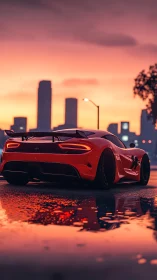 Photorealistic supercar at dusk with reflective wet street framing.